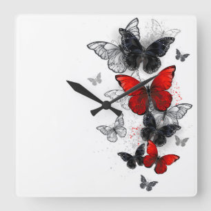 Horloge Carrée Papillons noirs et rouges volants