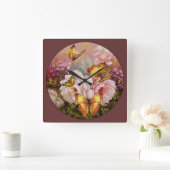 Horloge Carrée Papillons sur Fleurs (Maison)