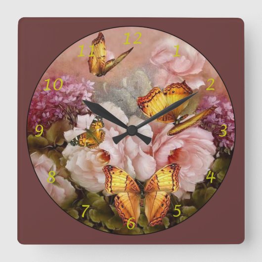 Horloge Carrée Papillons sur Fleurs (Recto)