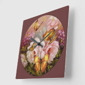 Horloge Carrée Papillons sur Fleurs (Angle)