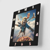 Horloge Carrée parachute des lions avec oiseaux et pizzas (Angle)