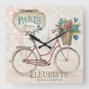 Horloge Carrée Paris Vélo Avec Fleurs Devant