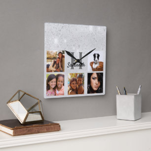 Horloge Carrée Parties scintillant argent collage photo monogramm