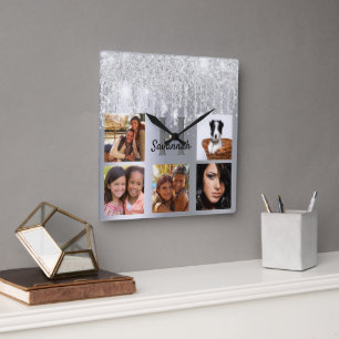 Horloge Carrée Parties scintillant argent gouttes photo collage m