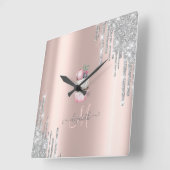 Horloge Carrée Parties scintillant argent Rose Monogramme Cupcak (Angle)