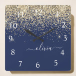 Horloge Carrée Parties scintillant Bleu de la Marine d'or Script<br><div class="desc">Parties scintillant à étincelles bleu or et marine Script Monogramme Nom Horloge. Cela rend le cadeau parfait pour 16 ans,  mariage,  douche nuptiale,  anniversaire,  baby shower ou bachelorette pour quelqu'un qui aime le luxe glam et les styles chic.</div>