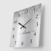 Horloge Carrée Parties scintillant d'argent Glam Nom du monogramm (Angle)