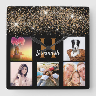 Horloge Carrée Parties scintillant en or noir collage photo