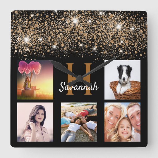 Horloge Carrée Parties scintillant en or noir collage photo (Recto)