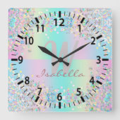 Horloge Carrée Parties scintillant holographique Unicorn (Recto)