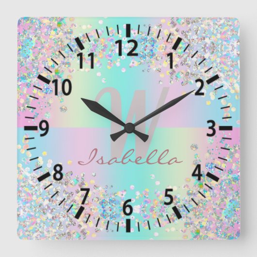 Horloge Carrée Parties scintillant holographique Unicorn (Recto)
