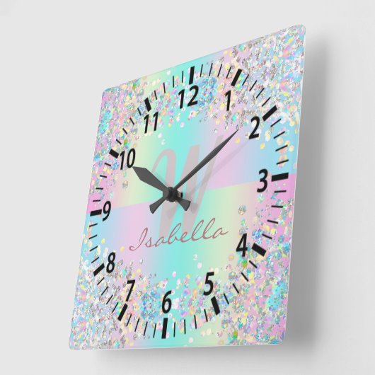 Horloge Carrée Parties scintillant holographique Unicorn (Angle)