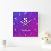 Horloge Carrée Parties scintillant Monogrammes Purple Rose Elégan (Maison)