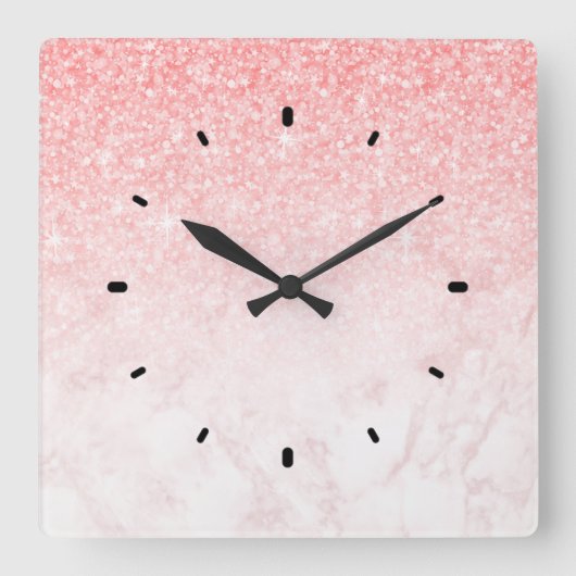 Horloge Carrée Parties scintillant rose et marbre or rose ombre (Recto)
