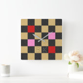 Horloge Carrée Parties scintillant rouge or rose noire À damiers  (Maison)