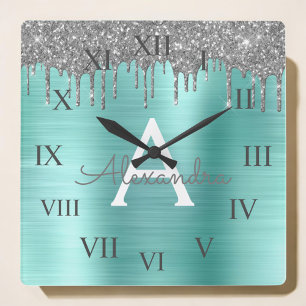 Horloge Carrée Parties scintillant Turquoise argentée en métal br