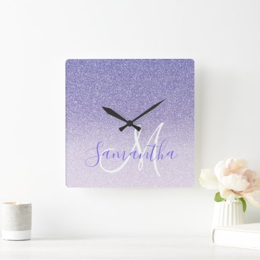 Horloge Carrée Parties scintillant violet moderne étincelles Nom (Maison)