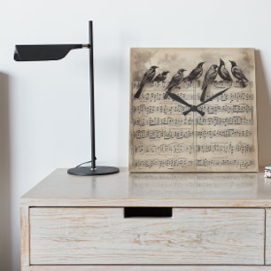 Horloge Carrée Partition musicale d'oiseaux chanteurs vintage