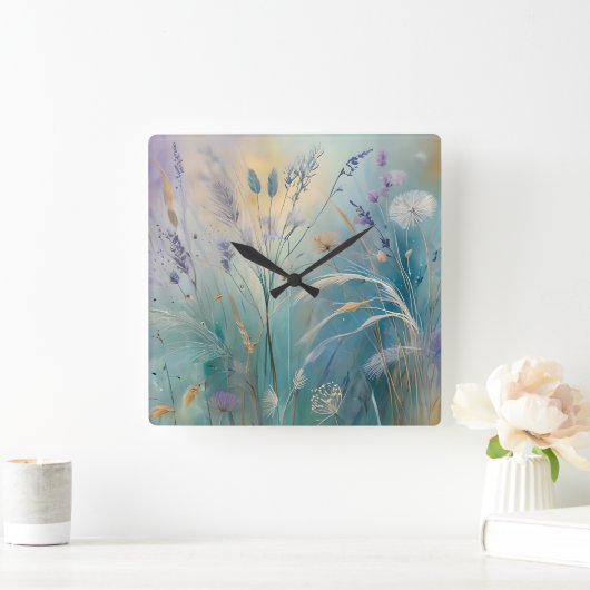 Horloge Carrée Pastel Abstrait Whispers of Nature, Herbes (Maison)