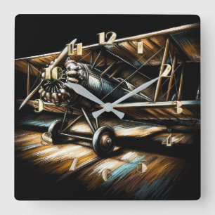 Horloge Carrée Pastel Antique Biplane Avion