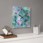 Horloge Carrée Pastel colors stained glass mosaic pattern<br><div class="desc">Elevate your home decor with our stunning wall clock design,  showcasing a unique pastel-colored stained glass mosaic pattern and elegant black Roman numerals.</div>
