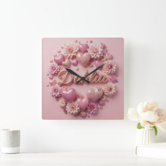 Horloge Carrée Pastel Dahlia Bloom Art with Hearts