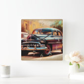 Horloge Carrée Pastel Dessin Voiture Vintage 1950 (Maison)