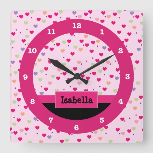Horloge Carrée Pastel Hearts on Pink Personalized (Recto)