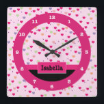 Horloge Carrée Pastel Hearts on Pink Personalized<br><div class="desc">This cute girly clock fea light pink,  purple,  orange & green heart patground accented with a pink stripe and a pink box with customizable text for personalization. This pink heart clock makes a perfect accent for a girls menace.</div>