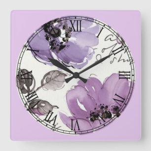 Horloge Carrée Pastel Watercolor Flowers Art fin Chiffre romain
