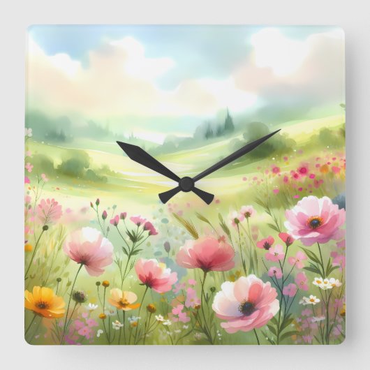 Horloge Carrée Pastel Wildflower Meadow Landscape (Recto)