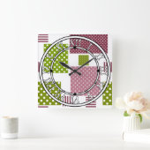Horloge Carrée Patchwork brun vert pois dos blanc (Maison)