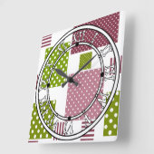 Horloge Carrée Patchwork brun vert pois dos blanc (Angle)