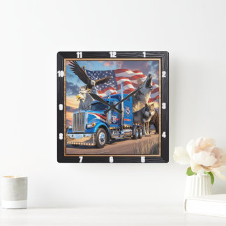 Horloge Carrée Patriotique Camion Eagle Wolf USA
