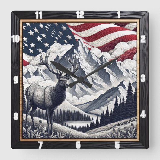 Horloge Carrée Patriotique Moose Mountain Rustic (Recto)