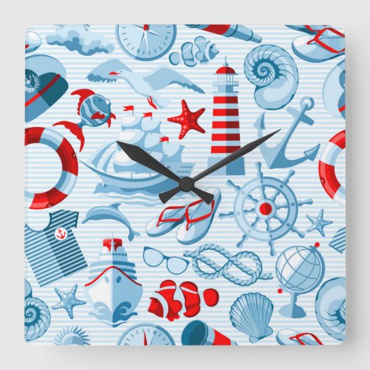 Horloge Carrée Patteries bleues rouges nautical (Recto)
