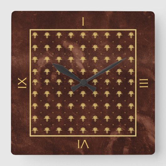 Horloge Carrée Pattern Leather Brown et Gold Damask (Recto)