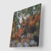 Horloge Carrée Pâturage d'orignaux canadiens sauvages en forêt d' (Angle)