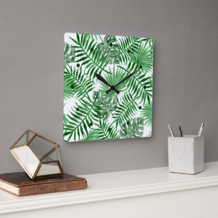 Horloge Carrée Paume vert tropical Feuille Aquarelle d'été Art
