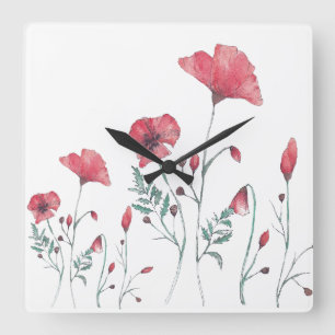 Horloge Carrée Pavots d'aquarelle