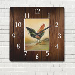 Horloge Carrée Pays Agricole Coq Rustique Bois foncé<br><div class="desc">Horloge à coq de cuisine de ferme avec un arrière - plan rustique de texture bois.</div>