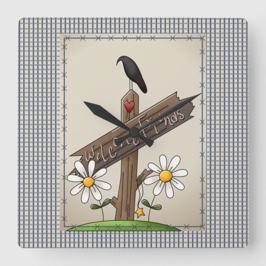 Horloge Carrée Pays Bleu En vichy Bienvenue amis (Recto)