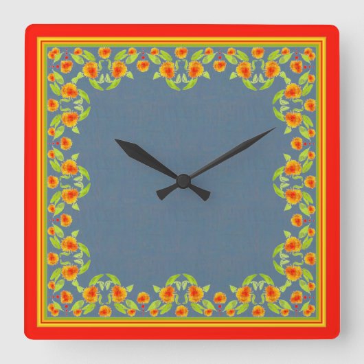 Horloge Carrée Pays Style Marigolds Bordure sur Indigo Bleu (Recto)
