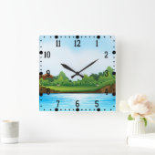 Horloge Carrée Paysage bleu ciel vert-10826 (Maison)