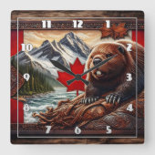 Horloge Carrée Paysage canadien avec castor et feuille d'érable (Recto)