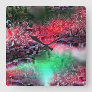 Horloge Carrée Paysage coloré et texturé en rouge et vert