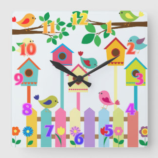 Horloge Carrée Paysage de maison d'oiseaux pour enfants