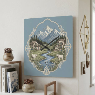 Horloge Carrée Paysage de montagne alpine enneigée Chalet rustiqu