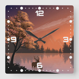 Horloge Carrée Paysage du lever du soleil avec lac et Deers-51207