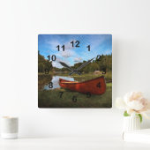 Horloge Carrée Paysage en bois rouge de canoë (Maison)